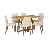 Manhattan Comfort 2-10184511011452 Duffy 62.99 Modern Rectangle Dining Table and Charles Dining Chair in Cinnamon Off White and Dark Beige - Set of 7